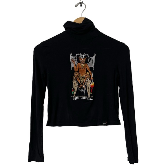 omighty Tops - Omighty Black Mock Neck Devil Long Sleeve Embroidered Top Shirt